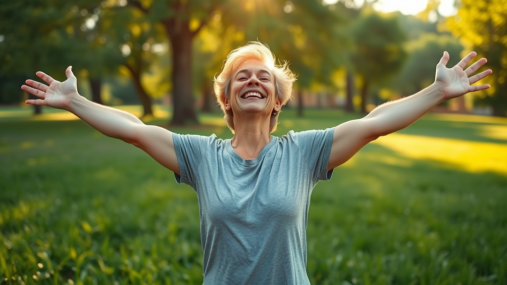 increase atp naturally - Vibrant healthy adult energetically stretching in morning sunlight in a lush green park