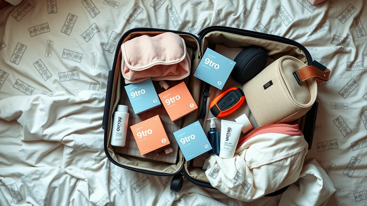 Travel essentials neatly packed with 9tro quantum strip boxes, travel-friendly supplement solution