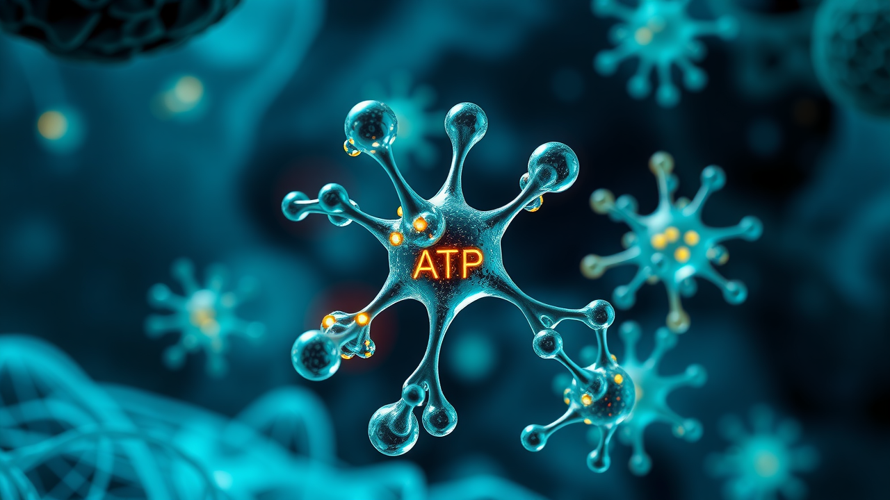 atp molecule surrounded by cellular environment with glowing mitochondria