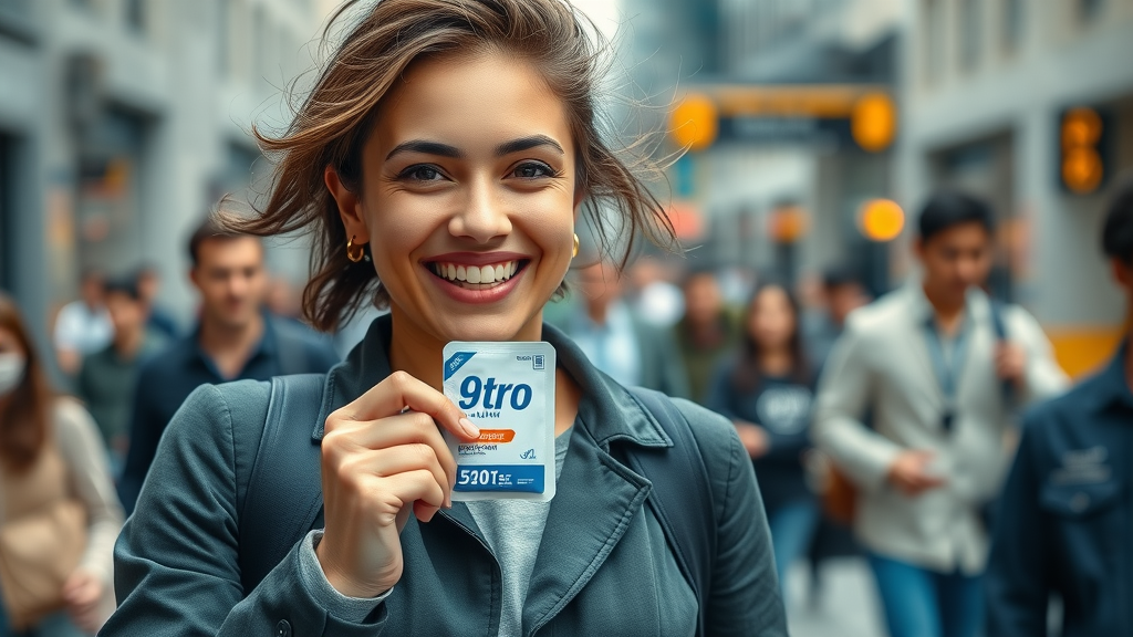 Young professional holding 9tro quantum strips packet, city street background, supplement convenience for busy consumers