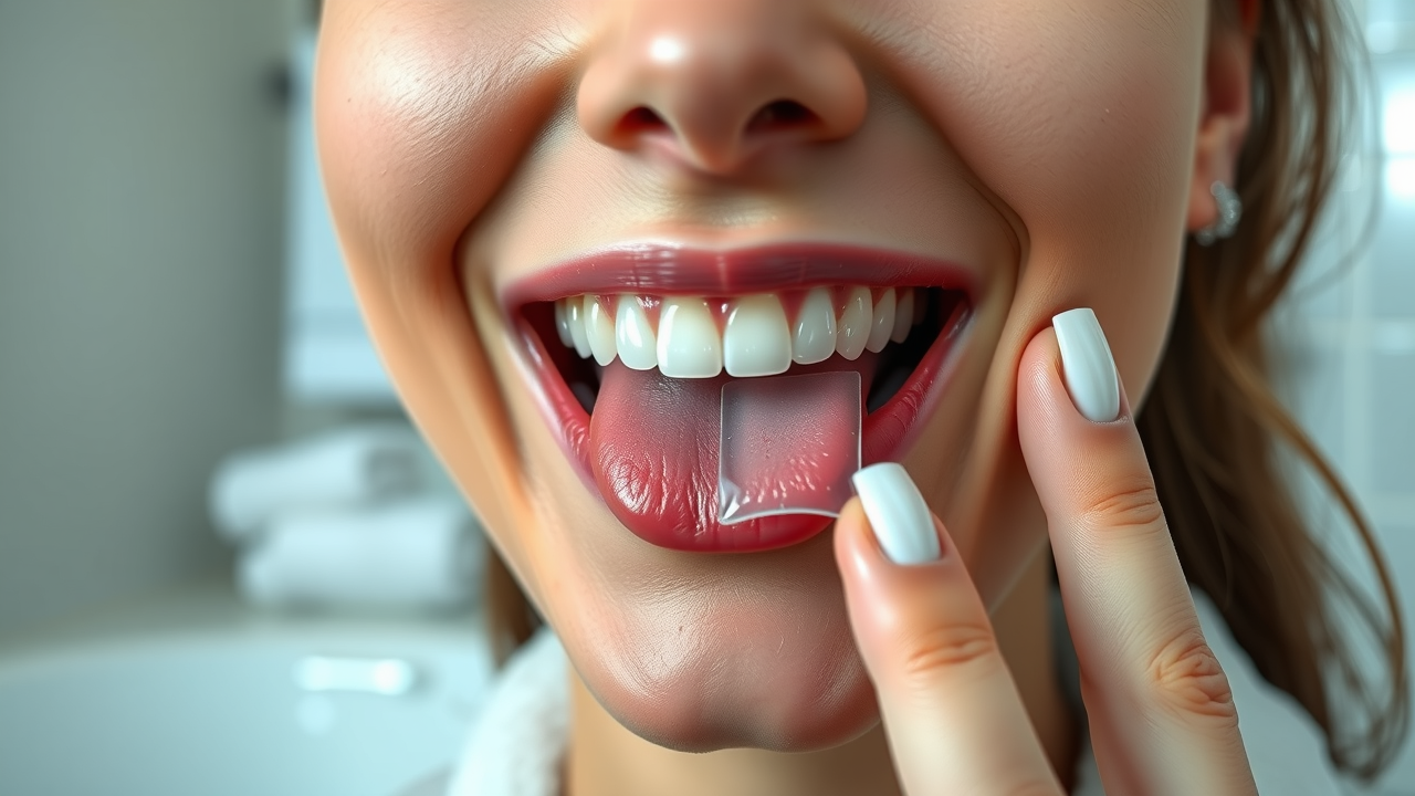 9tro quantum strips dissolving on tongue with satisfied expression, modern supplement strip in use, minimalistic bathroom