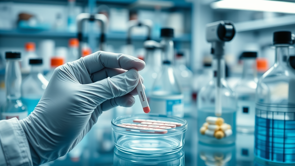 Dissolving 9tro quantum strips under laboratory analysis, modern lab background, supplement science