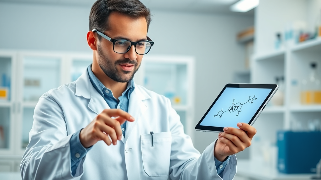 friendly scientist explaining ATP with digital tablet showing molecule animation